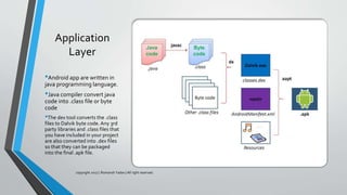 Application
Layer
•Android app are written in
java programming language.
•Java compiler convert java
code into .class file or byte
code
•The dex tool converts the .class
files to Dalvik byte code. Any 3rd
party libraries and .class files that
you have included in your project
are also converted into .dex files
so that they can be packaged
into the final .apk file.
copyright 2017 | Romansh Yadav | All right reserved.
 