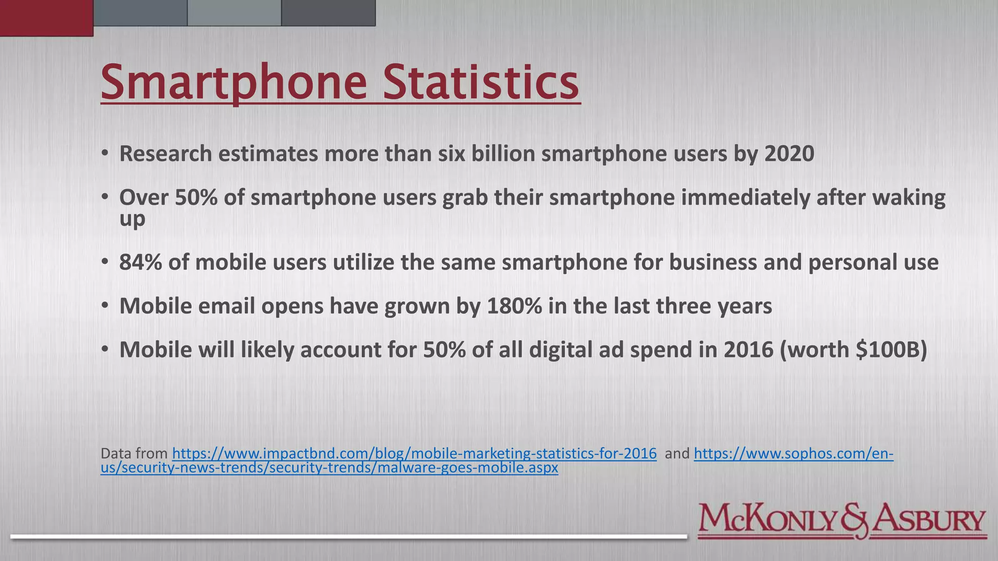 Smartphone Statistics
• Research estimates more than six billion smartphone users by 2020
• Over 50% of smartphone users grab their smartphone immediately after waking
up
• 84% of mobile users utilize the same smartphone for business and personal use
• Mobile email opens have grown by 180% in the last three years
• Mobile will likely account for 50% of all digital ad spend in 2016 (worth $100B)
Data from https://www.impactbnd.com/blog/mobile-marketing-statistics-for-2016 and https://www.sophos.com/en-
us/security-news-trends/security-trends/malware-goes-mobile.aspx
 