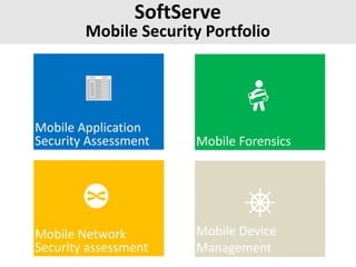 SoftServe
Mobile Security Portfolio
Mobile Application
Security Assessment Mobile Forensics
Mobile Network
Security assessment
Mobile Device
Management
 