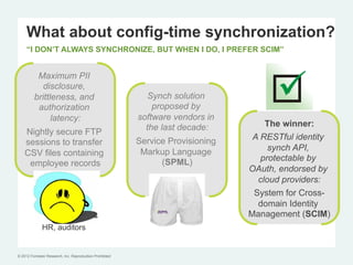 What about config-time synchronization?
     “I DON’T ALWAYS SYNCHRONIZE, BUT WHEN I DO, I PREFER SCIM”


          Maximum PII
            disclosure,
         brittleness, and                                    Synch solution
          authorization                                       proposed by
               latency:                                   software vendors in
                                                            the last decade:         The winner:
    Nightly secure FTP
                                                          Service Provisioning    A RESTful identity
    sessions to transfer
                                                           Markup Language            synch API,
    CSV files containing
                                                                (SPML)              protectable by
     employee records
                                                                                 OAuth, endorsed by
                                                                                   cloud providers:
                                                                                  System for Cross-
                                                                                   domain Identity
                                                                                 Management (SCIM)
              HR, auditors


© 2012 Forrester Research, Inc. Reproduction Prohibited
 