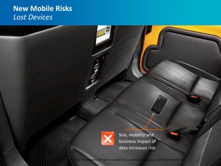 New Mobile Risks
Lost Devices




                                                             Size, mobility and
                                                             business impact of
                                                             data increases risk

9         Copyright © 2013 CA Technologies. All rights reserved. No unauthorized copying or distribution permitted
 