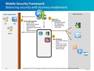 Mobile Security Framework
   Balancing security with business enablement
Inside Organization                                                                                                    Cloud Services

                                                                            2   Advanced
                       1     Access Management                                  Authentication
                            •   AuthN, AuthZ                                    •   Multi-factor AuthN
 API             Web        •   Multi-channel support                           •   ID, Geographic
                            •   Central policies                                •   Risk-based Auth
                            •   360 degree view of users                        •   Soft tokens
                            •   SSO
                            •   OpenID,OAuth2.0

        Mobile

                                                                                  3
                                                                                  App Wrapping
                                                                                  •   App AuthN, AuthZ &
                                                                                      Audit
                                                                                  •   Support for custom
                                                                                      and 3rd party apps
                                                                                  •   Connected and
                                                                                      offline security




   23                      Copyright © 2013 CA Technologies. All rights reserved. No unauthorized copying or distribution permitted
 