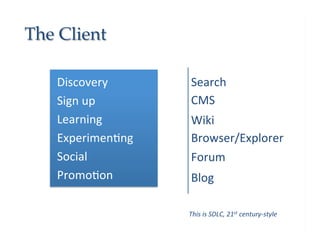 The Client!

    Discovery	
         Search	
  
    Sign	
  up	
        CMS	
  
    Learning	
          Wiki	
  
    Experimen9ng	
      Browser/Explorer	
  
    Social	
            Forum	
  
    Promo9on	
          Blog	
  

                       This	
  is	
  SDLC,	
  21st	
  century-­‐style	
  
 