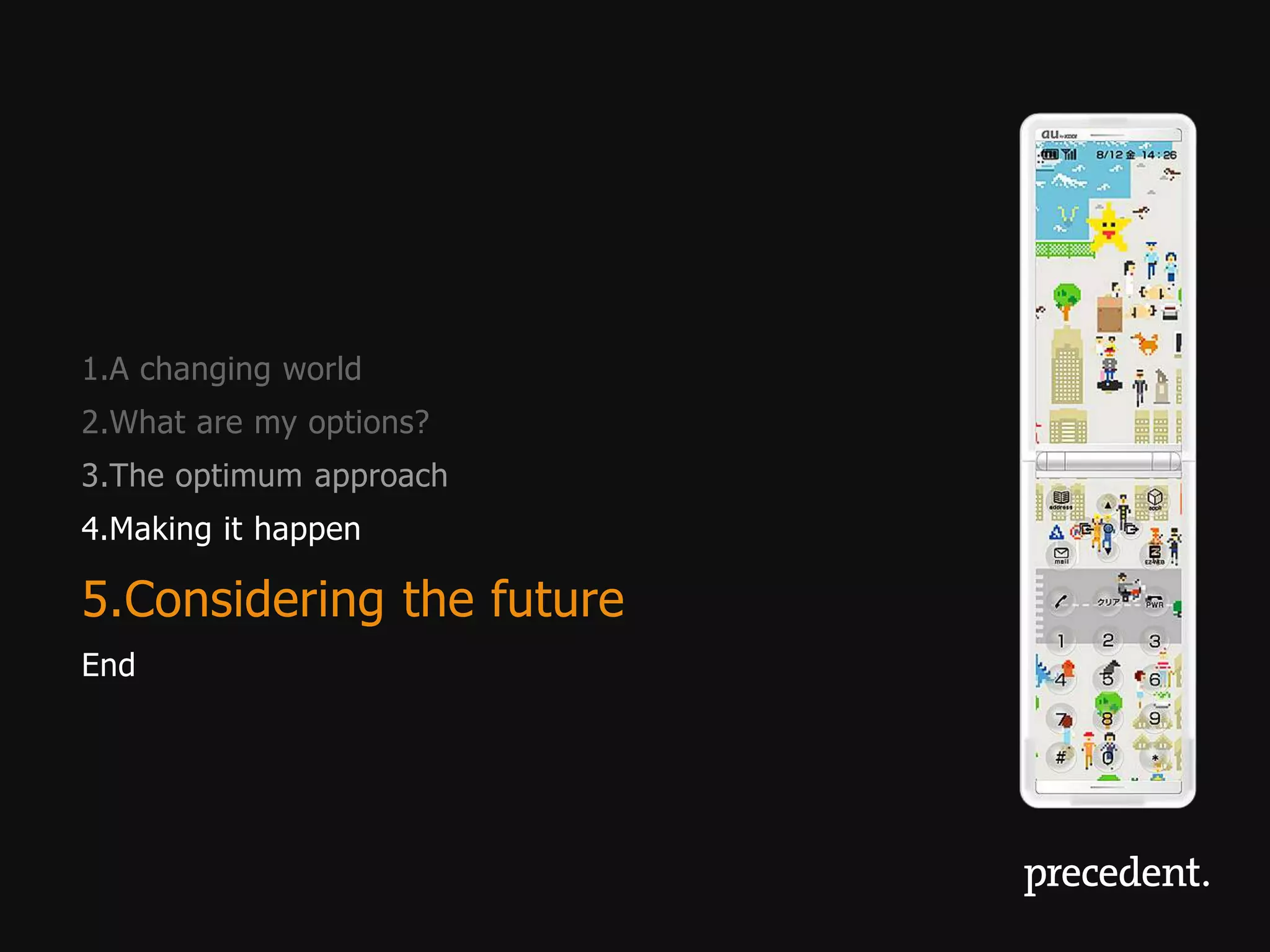 1.A changing world
2.What are my options?
3.The optimum approach
4.Making it happen

5.Considering the future
End
 
