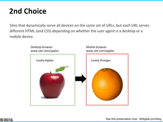 Sites that dynamically serve all devices on the same set of URLs, but each URL serves
different HTML (and CSS) depending on whether the user agent is a desktop or a
mobile device.
2nd Choice
Desktop browser
www.site.com/apples
Mobile browser
www.site.com/apples
Lovely Apples Lovely Oranges
See this presentation now: 90digital.com/blog
 
