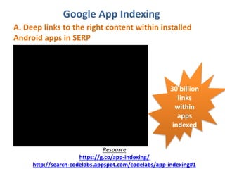 Google App Indexing
A. Deep links to the right content within installed
Android apps in SERP
Resource
https://g.co/app-indexing/
http://search-codelabs.appspot.com/codelabs/app-indexing#1
30 billion
links
within
apps
indexed
 