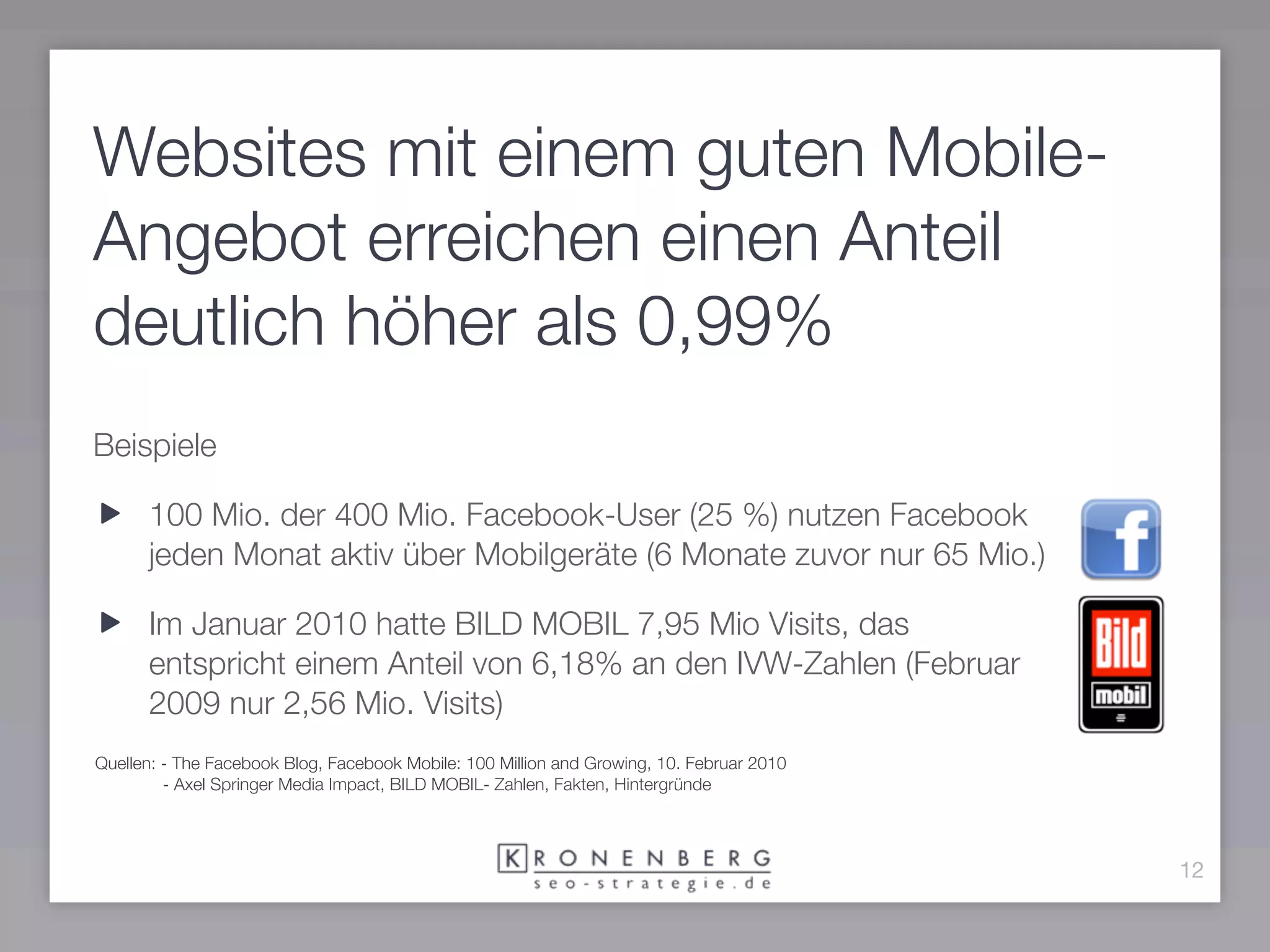 Websites mit einem guten Mobile-
Angebot erreichen einen Anteil
deutlich höher als 0,99%
Beispiele

      100 Mio. der 400 Mio. Facebook-User (25 %) nutzen Facebook
      jeden Monat aktiv über Mobilgeräte (6 Monate zuvor nur 65 Mio.)

      Im Januar 2010 hatte BILD MOBIL 7,95 Mio Visits, das
      entspricht einem Anteil von 6,18% an den IVW-Zahlen (Februar
      2009 nur 2,56 Mio. Visits)
Quellen: - The Facebook Blog, Facebook Mobile: 100 Million and Growing, 10. Februar 2010
         - Axel Springer Media Impact, BILD MOBIL- Zahlen, Fakten, Hintergründe




                                                                                           12
 