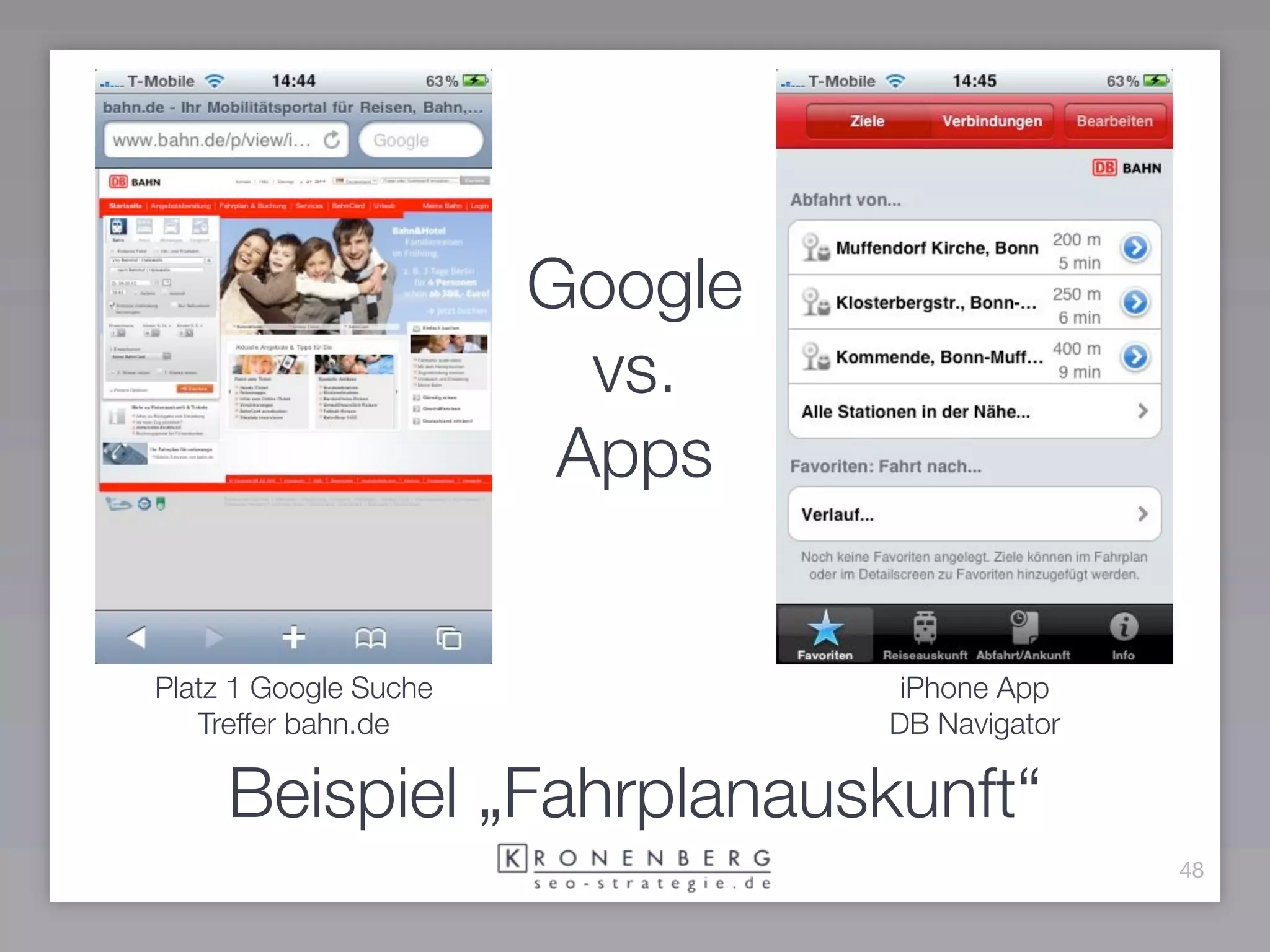 Google
                         vs.
                        Apps


Platz 1 Google Suche             iPhone App
   Treffer bahn.de              DB Navigator

     Beispiel „Fahrplanauskunft“
                                               48
 