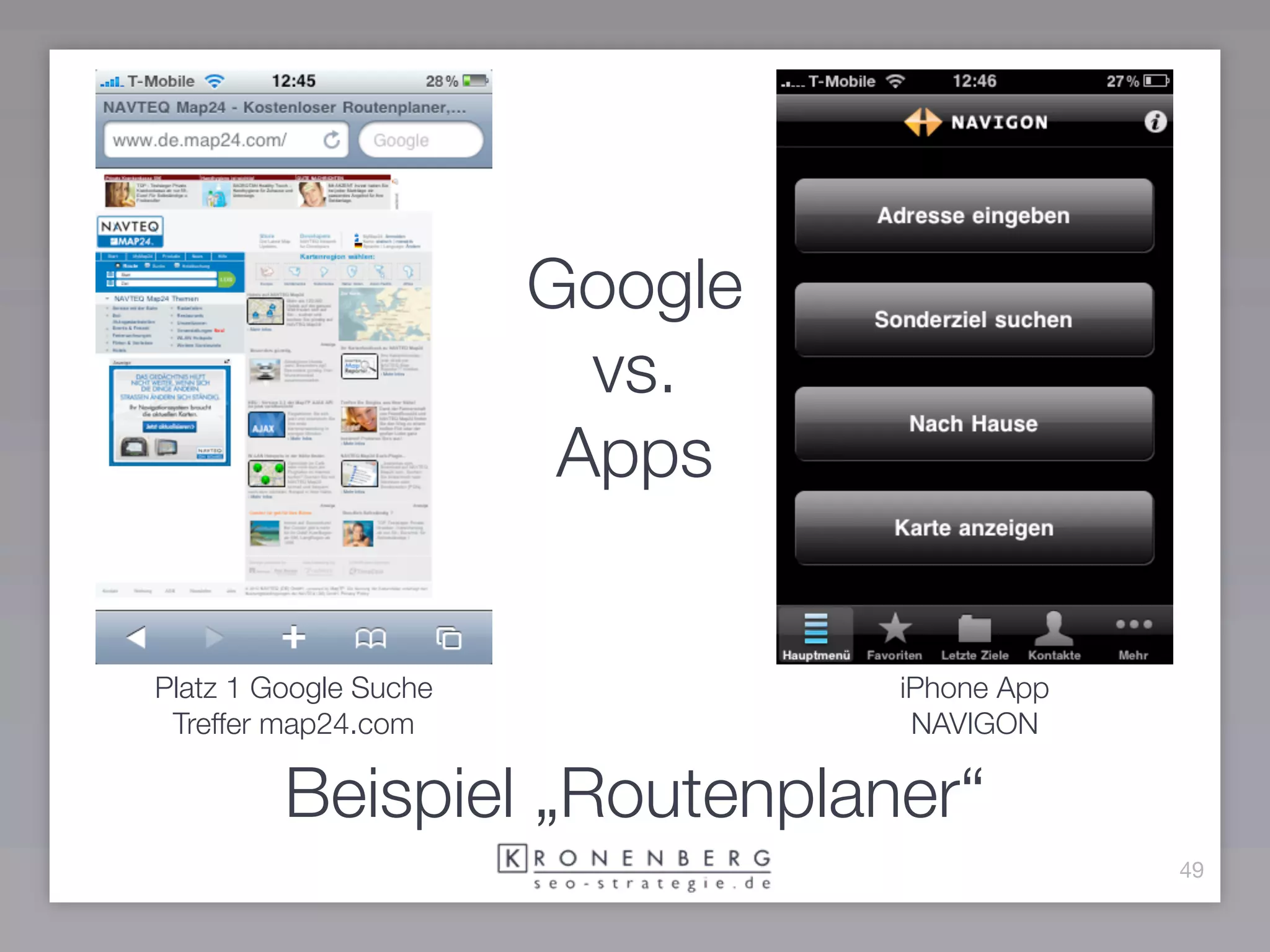 Google
                         vs.
                        Apps


Platz 1 Google Suche            iPhone App
 Treffer map24.com               NAVIGON

         Beispiel „Routenplaner“
                                             49
 