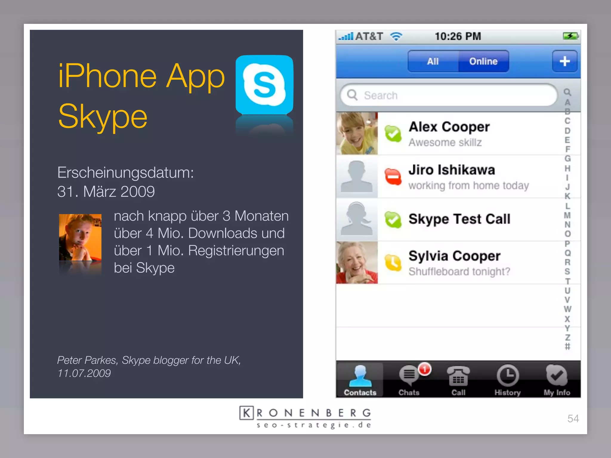 iPhone App
Skype
Erscheinungsdatum:
31. März 2009
           nach knapp über 3 Monaten
           über 4 Mio. Downloads und
           über 1 Mio. Registrierungen
           bei Skype




Peter Parkes, Skype blogger for the UK,
11.07.2009



                                          54
 
