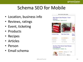 Schema SEO for Mobile
• Location, business info
• Reviews, ratings
• Event, ticketing
• Products
• Recipes
• Articles
• Person
• Email schema
@NicoleCherieH 44
 