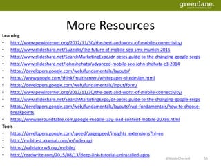 More Resources
Learning
• http://www.pewinternet.org/2012/11/30/the-best-and-worst-of-mobile-connectivity/
• http://www.slideshare.net/Suzzicks/the-future-of-mobile-seo-smx-munich-2015
• http://www.slideshare.net/SearchMarketingExpo/dr-petes-guide-to-the-changing-google-serps
• http://www.slideshare.net/johnshehata/advanced-mobile-seo-john-shehata-c3-2014
• https://developers.google.com/web/fundamentals/layouts/
• https://www.google.com/think/multiscreen/whitepaper-sitedesign.html
• https://developers.google.com/web/fundamentals/input/form/
• http://www.pewinternet.org/2012/11/30/the-best-and-worst-of-mobile-connectivity/
• http://www.slideshare.net/SearchMarketingExpo/dr-petes-guide-to-the-changing-google-serps
• https://developers.google.com/web/fundamentals/layouts/rwd-fundamentals/how-to-choose-
breakpoints
• https://www.seroundtable.com/google-mobile-lazy-load-content-mobile-20759.html
Tools
• https://developers.google.com/speed/pagespeed/insights_extensions?hl=en
• http://mobitest.akamai.com/m/index.cgi
• https://validator.w3.org/mobile/
• http://readwrite.com/2015/08/13/deep-link-tutorial-uninstalled-apps
55@NicoleCherieH
 