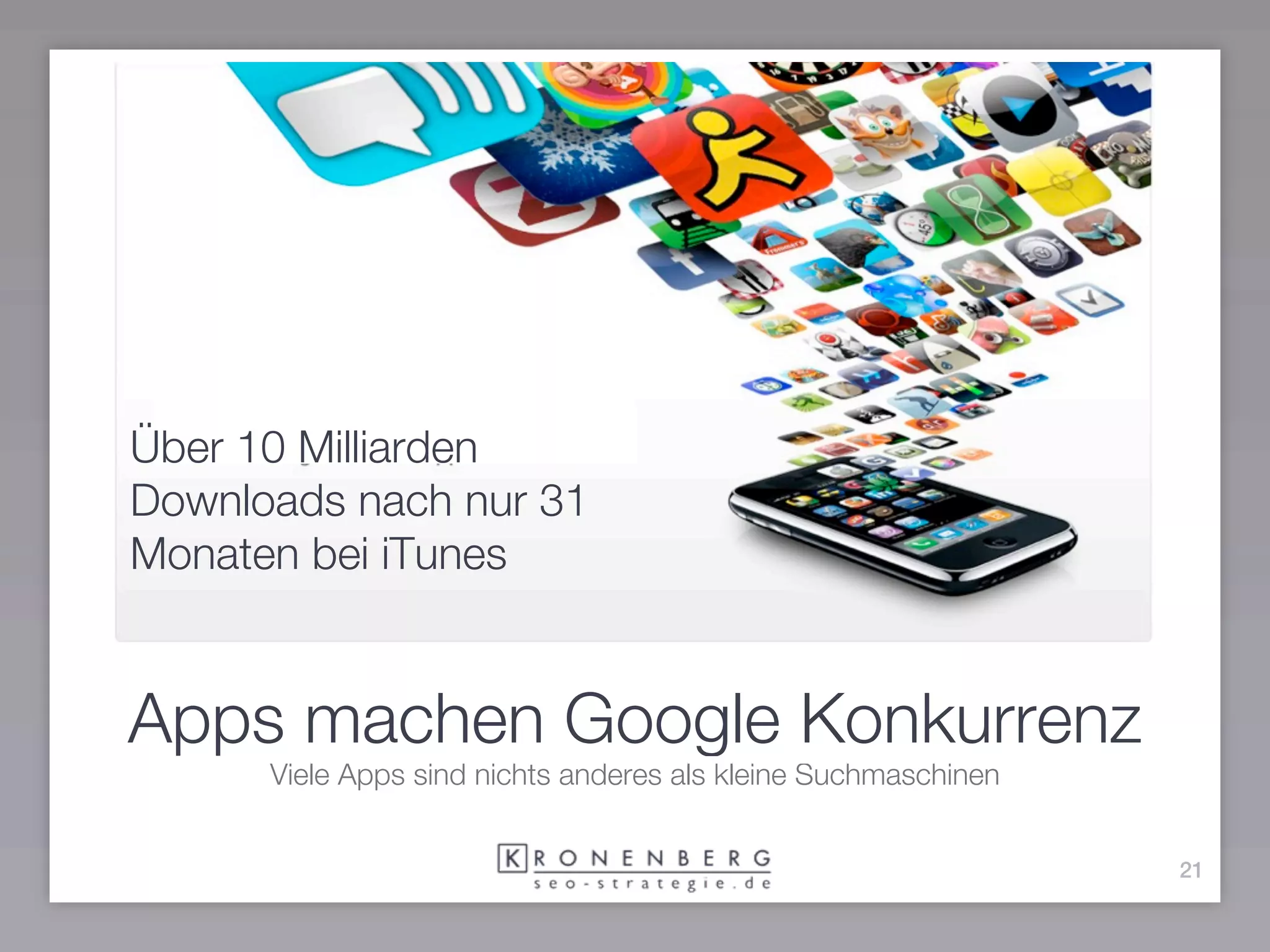 Über 10 Milliarden
Downloads nach nur 31
Monaten bei iTunes


Apps machen Google Konkurrenz
      Viele Apps sind nichts anderes als kleine Suchmaschinen


                                                                21
 