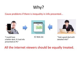Why?
Cause problems if there is inequality in info presented...
EC Web site “Had a good deal with
detailed info!”
“I could have
a better deal, if I had info
presented on PC”
All the internet viewers should be equally treated.
 