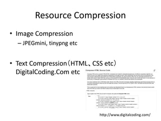 Resource Compression
• Image Compression
– JPEGmini, tinypng etc
• Text Compression（HTML、CSS etc）
DigitalCoding.Com etc
http://www.digitalcoding.com/
 