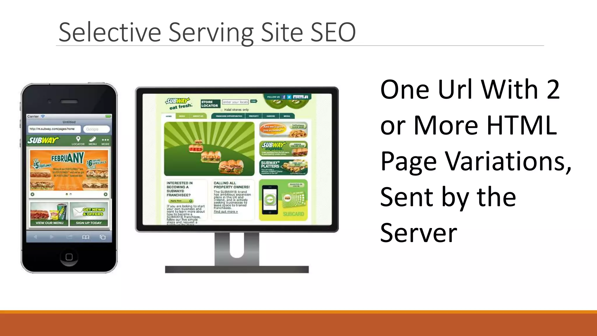 Selective Serving Site SEO
One Url With 2
or More HTML
Page Variations,
Sent by the
Server
 