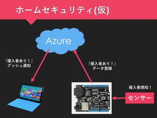ホームセキュリティ(仮)
Azure
センサー
侵入者感知！
「侵入者あり！」
データ登録
「侵入者あり！」
プッシュ通知
 