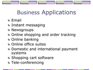 Business Applications
Email
Instant messaging
Newsgroups
Online shopping and order tracking
Online banking
Online office suites
Domestic and international payment
systems
Shopping cart software
Tele-conferencing
 