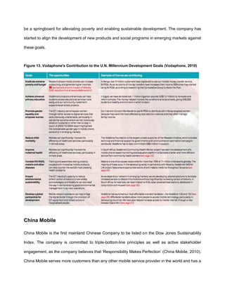 be a springboard for alleviating poverty and enabling sustainable development. The company has

started to align the development of new products and social programs in emerging markets against

these goals.



Figure 13. Vodaphone's Contribution to the U.N. Millennium Development Goals (Vodaphone, 2010)




China Mobile

China Mobile is the first mainland Chinese Company to be listed on the Dow Jones Sustainability

Index. The company is committed to triple-bottom-line principles as well as active stakeholder

engagement, as the company believes that „Responsibility Makes Perfection‟ (China Mobile, 2010).

China Mobile serves more customers than any other mobile service provider in the world and has a
 