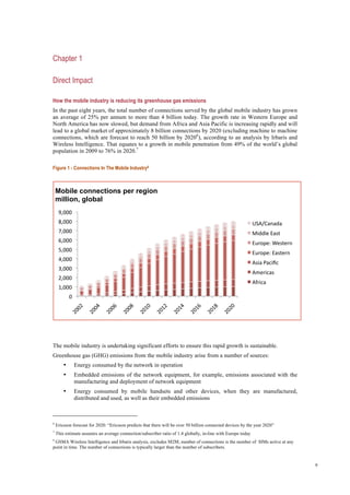 9
Chapter 1
Direct Impact
How the mobile industry is reducing its greenhouse gas emissions
In the past eight years, the total number of connections served by the global mobile industry has grown
an average of 25% per annum to more than 4 billion today. The growth rate in Western Europe and
North America has now slowed, but demand from Africa and Asia Pacific is increasing rapidly and will
lead to a global market of approximately 8 billion connections by 2020 (excluding machine to machine
connections, which are forecast to reach 50 billion by 20206
), according to an analysis by Irbaris and
Wireless Intelligence. That equates to a growth in mobile penetration from 49% of the world’s global
population in 2009 to 76% in 2020.7
Figure 1 - Connections In The Mobile Industry8
The mobile industry is undertaking significant efforts to ensure this rapid growth is sustainable.
Greenhouse gas (GHG) emissions from the mobile industry arise from a number of sources:
• Energy consumed by the network in operation
• Embedded emissions of the network equipment, for example, emissions associated with the
manufacturing and deployment of network equipment
• Energy consumed by mobile handsets and other devices, when they are manufactured,
distributed and used, as well as their embedded emissions
6
Ericsson forecast for 2020: “Ericsson predicts that there will be over 50 billion connected devices by the year 2020”
7
This estimate assumes an average connection/subscriber ratio of 1.4 globally, in-line with Europe today
8
GSMA Wireless Intelligence and Irbaris analysis, excludes M2M; number of connections is the number of SIMs active at any
point in time. The number of connections is typically larger than the number of subscribers.
0 
1,000 
2,000 
3,000 
4,000 
5,000 
6,000 
7,000 
8,000 
9,000 
Mobile connections per region
million, global
USA/Canada 
Middle East 
Europe: Western 
Europe: Eastern 
Asia Paciﬁc 
Americas 
Africa 
 