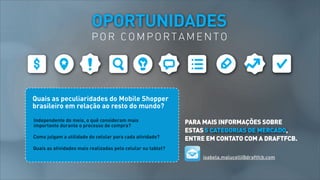 OPORTUNIDADES

POR COMPORTAMENTO

Quais as peculiaridades do Mobile Shopper
brasileiro em relação ao resto do mundo?
Independente do meio, o quê consideram mais
importante durante o processo de compra?
Como julgam a utilidade do celular para cada atividade?

PARA MAIS INFORMAÇÕES SOBRE
ESTAS 5 CATEGORIAS DE MERCADO,
ENTRE EM CONTATO COM A DRAFTFCB.

Quais as atividades mais realizadas pelo celular ou tablet?
isabela.malucelli@draftfcb.com

 