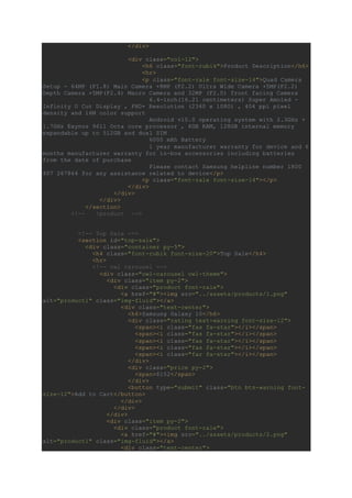</div>
<div class="col-12">
<h6 class="font-rubik">Product Description</h6>
<hr>
<p class="font-rale font-size-14">Quad Camera
Setup - 64MP (F1.8) Main Camera +8MP (F2.2) Ultra Wide Camera +5MP(F2.2)
Depth Camera +5MP(F2.4) Macro Camera and 32MP (F2.0) front facing Camera
6.4-inch(16.21 centimeters) Super Amoled -
Infinity U Cut Display , FHD+ Resolution (2340 x 1080) , 404 ppi pixel
density and 16M color support
Android v10.0 operating system with 2.3GHz +
1.7GHz Exynos 9611 Octa core processor , 6GB RAM, 128GB internal memory
expandable up to 512GB and dual SIM
6000 mAh Battery
1 year manufacturer warranty for device and 6
months manufacturer warranty for in-box accessories including batteries
from the date of purchase
Please contact Samsung helpline number 1800
407 267864 for any assistance related to device</p>
<p class="font-rale font-size-14"></p>
</div>
</div>
</div>
</section>
<!-- !product -->
<!-- Top Sale -->
<section id="top-sale">
<div class="container py-5">
<h4 class="font-rubik font-size-20">Top Sale</h4>
<hr>
<!-- owl carousel -->
<div class="owl-carousel owl-theme">
<div class="item py-2">
<div class="product font-rale">
<a href="#"><img src="../assets/products/1.png"
alt="product1" class="img-fluid"></a>
<div class="text-center">
<h6>Samsung Galaxy 10</h6>
<div class="rating text-warning font-size-12">
<span><i class="fas fa-star"></i></span>
<span><i class="fas fa-star"></i></span>
<span><i class="fas fa-star"></i></span>
<span><i class="fas fa-star"></i></span>
<span><i class="far fa-star"></i></span>
</div>
<div class="price py-2">
<span>$152</span>
</div>
<button type="submit" class="btn btn-warning font-
size-12">Add to Cart</button>
</div>
</div>
</div>
<div class="item py-2">
<div class="product font-rale">
<a href="#"><img src="../assets/products/2.png"
alt="product1" class="img-fluid"></a>
<div class="text-center">
 