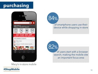 purchasing
#ShopMobile
of smartphone users use their
device while shopping in-store
84%
of users start with a browser
search; making the mobile site
an important focus area
82%
Macy’s in-store mobile
10
 