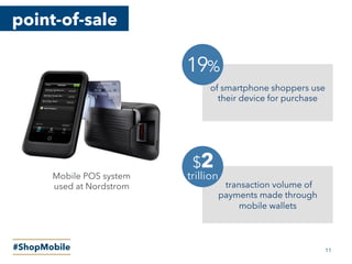 point-of-sale
#ShopMobile
of smartphone shoppers use
their device for purchase
19%
transaction volume of
payments made through
mobile wallets
$2
trillion
11
Mobile POS system
used at Nordstrom
 