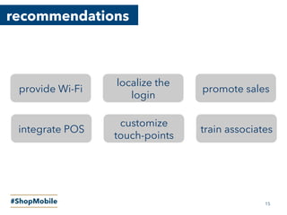 recommendations
#ShopMobile 15
provide Wi-Fi
localize the
login
promote sales
integrate POS
customize
touch-points
train associates
 