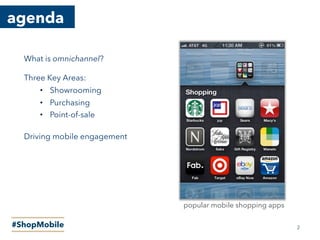 agenda
#ShopMobile
What is omnichannel?
Three Key Areas:
•  Showrooming
•  Purchasing
•  Point-of-sale
Driving mobile engagement
2
popular mobile shopping apps
 