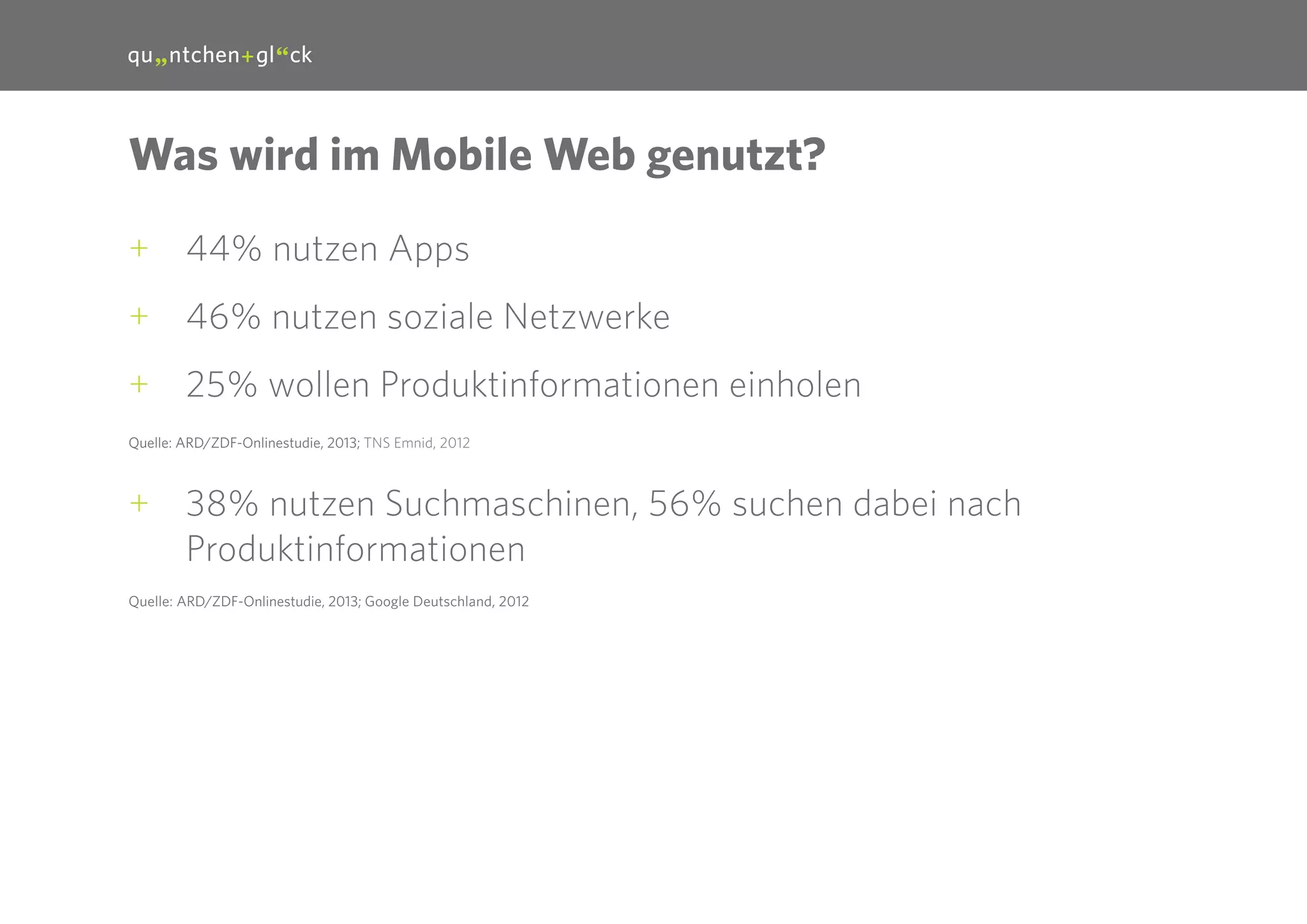 11

Was wird im Mobile Web genutzt?
++ 44% nutzen Apps
++ 46% nutzen soziale Netzwerke
++ 25% wollen Produktinformationen einholen
Quelle: ARD/ZDF-Onlinestudie, 2013; TNS Emnid, 2012

++ 38% nutzen Suchmaschinen, 56% suchen dabei nach
Produktinformationen
Quelle: ARD/ZDF-Onlinestudie, 2013; Google Deutschland, 2012

 