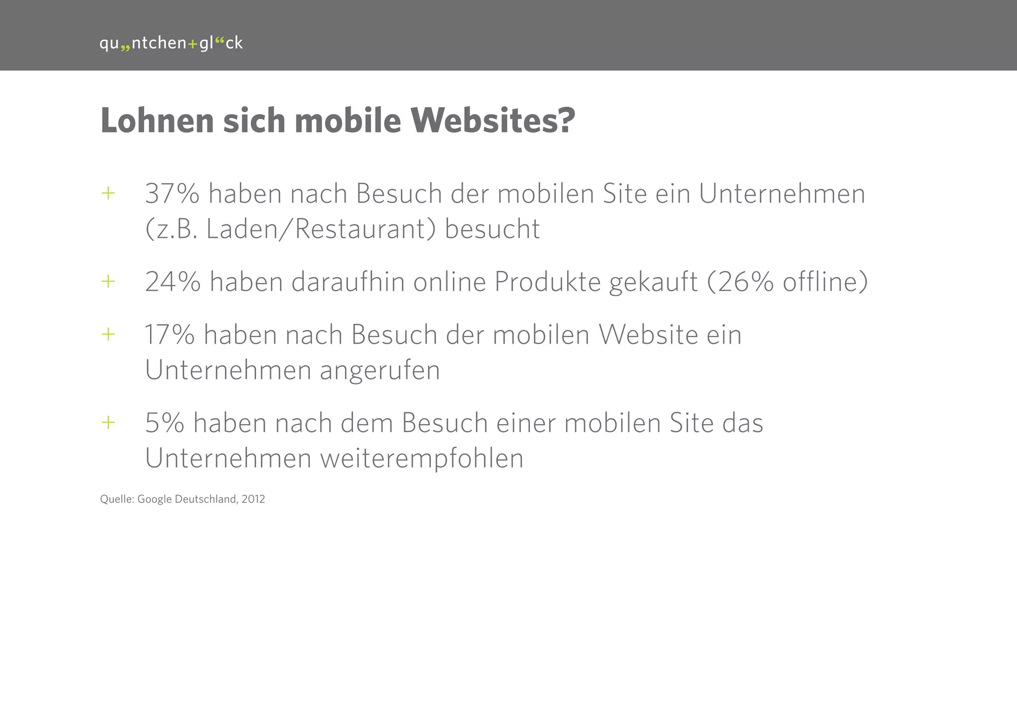 20

Lohnen sich mobile Websites?
++ 37% haben nach Besuch der mobilen Site ein Unternehmen
(z.B. Laden/Restaurant) besucht
++ 24% haben daraufhin online Produkte gekauft (26% offline)
++ 17% haben nach Besuch der mobilen Website ein
Unternehmen angerufen
++ 5% haben nach dem Besuch einer mobilen Site das
Unternehmen weiterempfohlen
Quelle: Google Deutschland, 2012

 