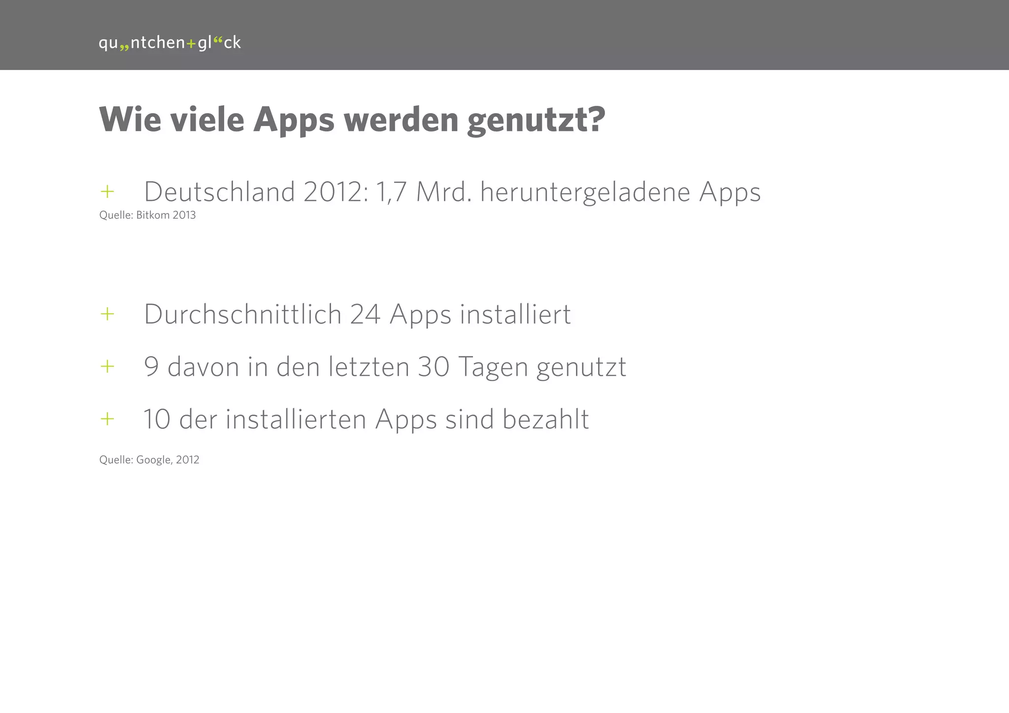 28

Wie viele Apps werden genutzt?
++ Deutschland 2012: 1,7 Mrd. heruntergeladene Apps
Quelle: Bitkom 2013

++ Durchschnittlich 24 Apps installiert
++ 9 davon in den letzten 30 Tagen genutzt
++ 10 der installierten Apps sind bezahlt
Quelle: Google, 2012

 