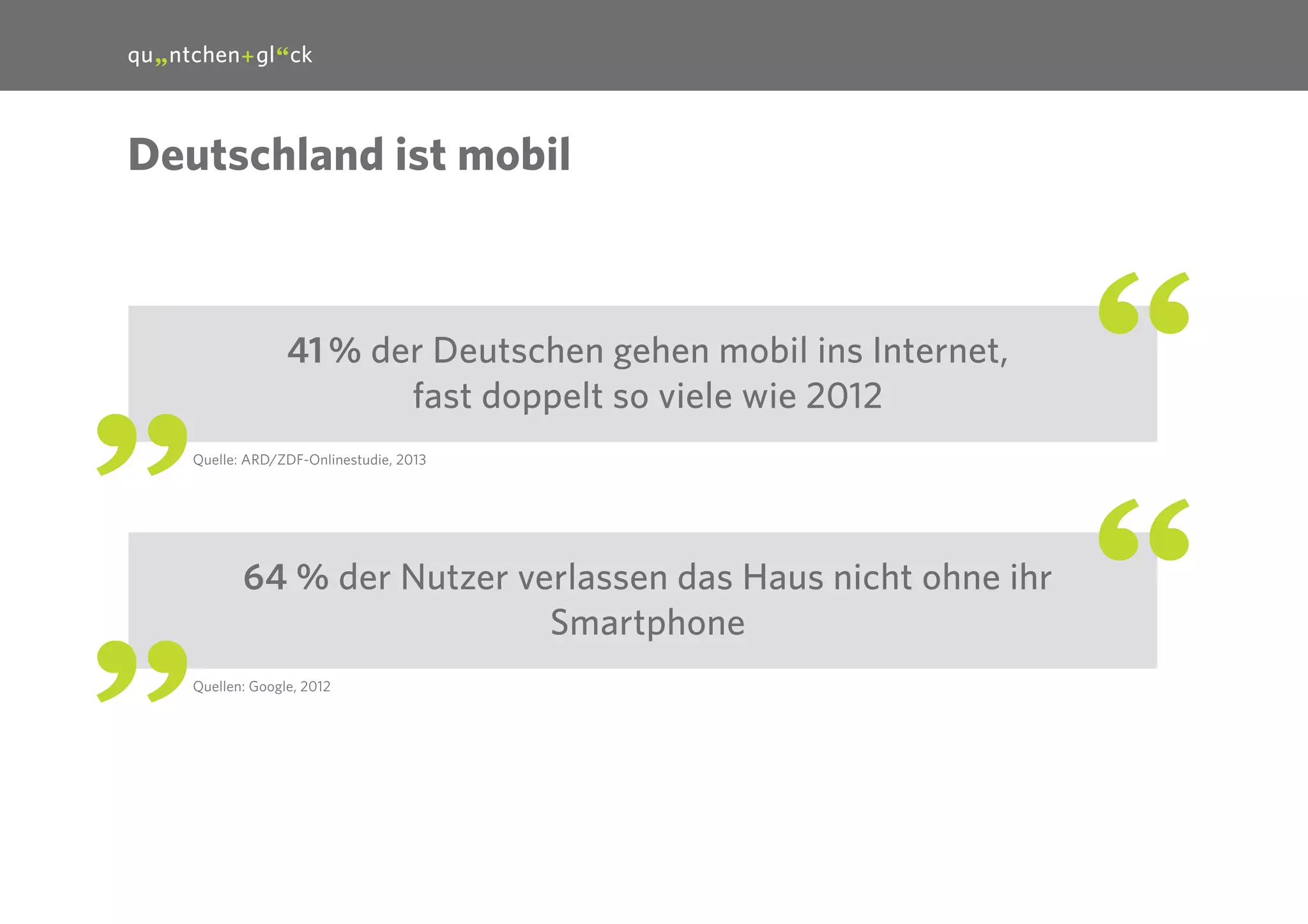 4

Deutschland ist mobil

41 % der Deutschen gehen mobil ins Internet,
fast doppelt so viele wie 2012
Quelle: ARD/ZDF-Onlinestudie, 2013

64 % der Nutzer verlassen das Haus nicht ohne ihr
Smartphone
Quellen: Google, 2012

 