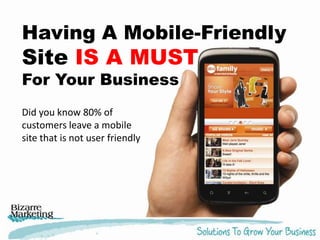 Having A Mobile-Friendly

Site IS A MUST
For Your Business
Did you know 80% of
customers leave a mobile
site that is not user friendly

 