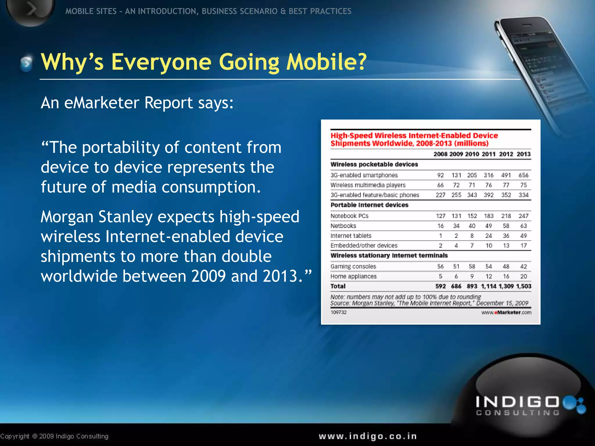 Why’s Everyone Going Mobile?An eMarketer Report says:“The portability of content from device to device represents the future of media consumption.Morgan Stanley expects high-speed wireless Internet-enabled device shipments to more than double worldwide between 2009 and 2013.”