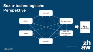 @phish108
Sozio-technologische
Perspektive
(Glahn, 2014)
Lehrmittel
Akteure Lerngegenstand
Regeln
Lern- und
Unterstützungs-
aufgaben
Kontexte
Lern-
ergebnisse
 