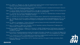 @phish108
Börner, D., Glahn, C., Stoyanov, S., Kalz, M., & Specht, M. (2010). Expert concept mapping study on mobile
learning. Campus-Wide Information Systems, 27(4), 240-253.
Engeström, Y. (2015). Learning by expanding: an activity-theoretical approach to developmental research (Second
Edition). New York: Cambridge University Press.
Glahn, C. (2014). Mobile Learning Operating Systems. In M. Ally & A. Tsinakos (Eds.) Mobile Learning Development
for Flexible Learning. Vancouver, Canada: Commonwealth of Learning Press.
Glahn, C., & Gruber, M. R. (2018). Mobile Blended Learning. In C. De Witt & C. Gloerfeld (Eds.) Handbuch Mobile
Learning, pp. 303-320. Berlin, Heidelberg: Springer.
Glahn, C., & Gruber, M. R. (2019). Flexibel in neuen Kontexten lernen. Zeitschrift für Hochschulentwicklung, 14 (3).
Glahn, C., & Gruber, M. R. (2019, in press). “Designing for context-aware and contextualized learning.” In S. Yu, M.
Ally, & A. Tsinakos (Eds.). Emerging Technologies and Pedagogies in the Curriculum. Singapore: Springer
Nature.
Koper, R., Olivier, B., & Anderson, T. (Eds.) (2003) IMS Learning Design Information Model (IMS Specification,
Version 1.0). IMS Global Learning Consortium.
C.-K. Looi, L.-H. Wong, C. Glahn, & S. Cai (Eds.), (2019). Seamless Learning: Perspectives, Challenges and
Opportunities. Singapore: Springer-Nature.
Sharples, M., Arnedillo-Sánchez, I., Milrad, M., & Vavoula, G. (2009). Mobile learning. Small devices, big issues. In
N. Balacheff, S. Ludvigsen, T. de Jong, A. Lazonder, & S. Barnes (Eds.), Technology-enhanced learning.
Dordrecht: Springer.
Specht, M. (2015). Connecting learning contexts with ambient information channels. In L.-H. Wong, M. Milrad, & M.
Specht (Eds.), Seamless learning in the age of mobile connectivity (pp. 121–140). Singapore et al.: Springer.
Wong, L.-H., & Looi, C.-K. (2011). What seams do we remove in mobile-assisted seamless learning? A critical
review of the literature. Computers & Education, 57(4), 2364-2381.
L.-H. Wong, M. Milrad, & M. Specht (Eds.) (2015). Seamless Learning in the age of mobile connectivity. Berlin,
Heidelberg: Springer.
 