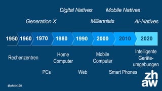 @phish108
2010200019901980197019601950
Rechenzentren
PCs Web
Mobile
Computer
Home
Computer
Smart Phones
2020
Intelligente
Geräte-
umgebungen
Generation X
Digital Natives
Millennials
Mobile Natives
AI-Natives
 