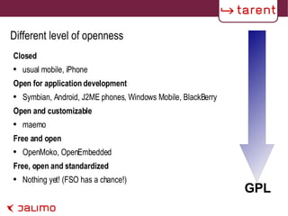 Different level of openness Closed usual mobile, iPhone Open for application development Symbian, Android, J2ME phones, Windows Mobile, BlackBerry Open and customizable maemo Free and open OpenMoko, OpenEmbedded Free, open and standardized Nothing yet! (FSO has a chance!) GPL 