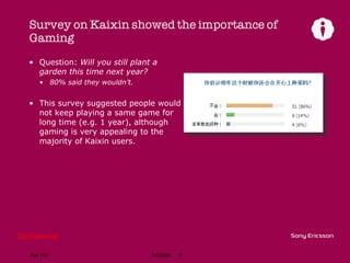 Survey on Kaixin showed the importance of Gaming Question:  Will you still plant a garden this time next year? 80% said they wouldn’t. This survey suggested people would not keep playing a same game for long time (e.g. 1 year), although gaming is very appealing to the majority of Kaixin users. 