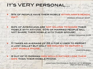 It’s VERY personal...

•   91% of people have their mobile within arm’s reach
    24/7.                               Morgan Stanley 2007




•   64% of Americans are not willing to share their
    mobile with anyone. 60% of married people will
    not share their mobile with their spouse!
                                                  Wired Magazine 2006




•   It takes an average of 26 h for a user to report
    a lost wallet but only 68 minutes to report a
    lost mobile phone.
                                                        Unisys Survey



•   8 out of 10 German men would rather lose their
    wife than their mobile phone.
                            Jonathan MacDonald; Survey of 10 German
                                                 men at 1am in a bar...
 