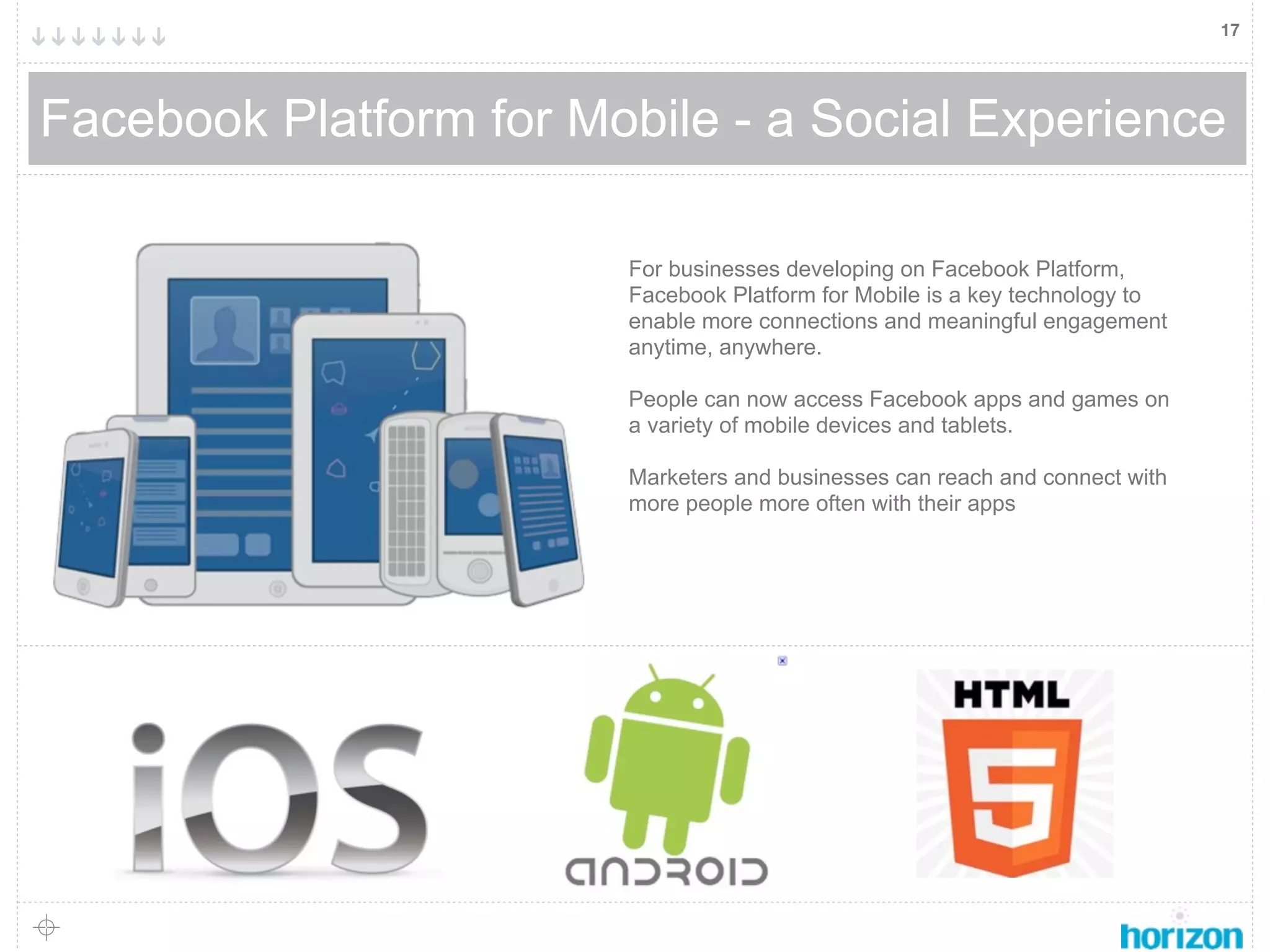 17




Facebook Platform for Mobile - a Social Experience

                        For businesses developing on Facebook Platform,
                        Facebook Platform for Mobile is a key technology to
                        enable more connections and meaningful engagement
                        anytime, anywhere.

                        People can now access Facebook apps and games on
                        a variety of mobile devices and tablets.

                        Marketers and businesses can reach and connect with
                        more people more often with their apps
 