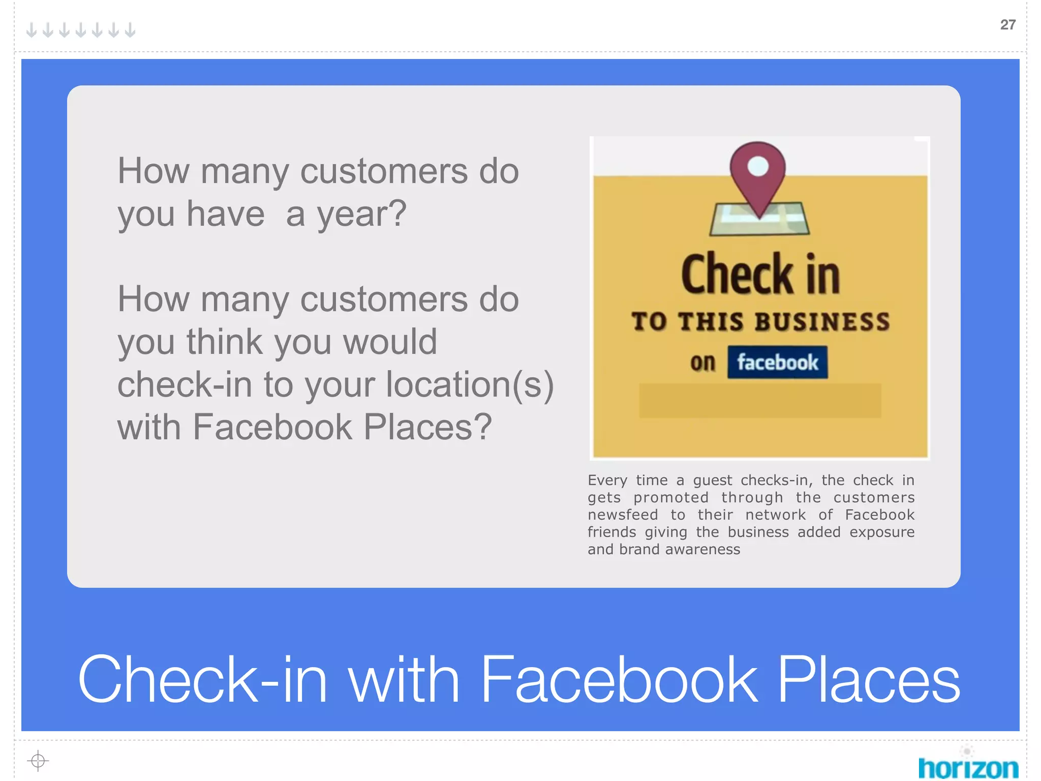 27




 How many customers do
 you have a year?

 How many customers do
 you think you would
 check-in to your location(s)
 with Facebook Places?
                                Every time a guest checks-in, the check in
                                gets promoted through the customers
                                newsfeed to their network of Facebook
                                friends giving the business added exposure
                                and brand awareness




Check-in with Facebook Places
 