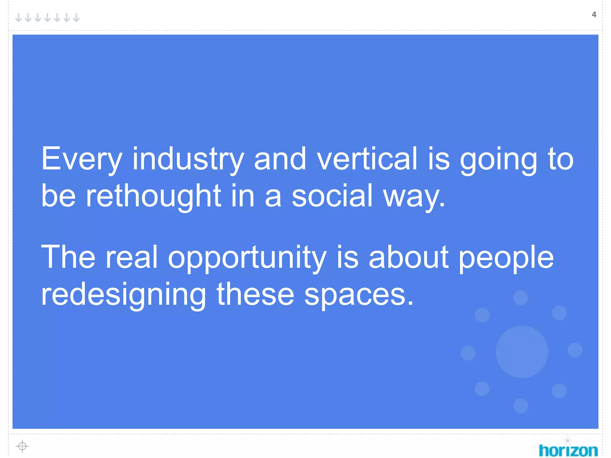 4




Every industry and vertical is going to
be rethought in a social way.
The real opportunity is about people
redesigning these spaces.
 