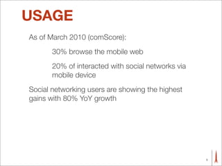 USAGE
As of March 2010 (comScore):
       30% browse the mobile web
       20% of interacted with social networks via
       mobile device
Social networking users are showing the highest
gains with 80% YoY growth




                                                    5
 
