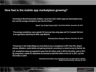 “ According to Borrell Associates statistics, more than half a million apps are downloaded every hour and the average smartphone user has 22 of them.” The average smartphone users spends 2.8 hours per day using apps and 3 in 5 people first turn to an app before searching the Web, says Mobclix. “ Consumers in the United States are more likely to buy a smartphone in 2011 than PCs, feature phones, eReaders, media tablets and gaming products, according to a recent survey by Gartner Inc. U.S. smartphone sales are expected to grow from 63 million units in 2010 to 95 million units in 2011. By comparison, mobile PC shipments are forecast to total 50.9 million in the U.S. in 2011, up from 45.6 million in 2010. Report: Top 10 App Trends of 2011 , Read Write Mobile , December 28, 2010 2010 App Game Changers , Mobclix,  December 20, 2010 Americans more likely to buy smartphone than any other device: Gartner ,  Mobile Commerce Daily,  February 23, 2011 How fast is the mobile app marketplace growing? 
