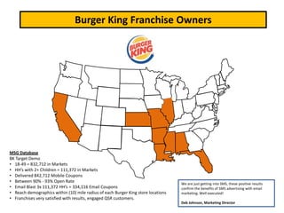 Burger King Franchise Owners




MSG Database
BK Target Demo
• 18-49 = 832,712 in Markets
• HH’s with 2+ Children = 111,372 in Markets
• Delivered 842,712 Mobile Coupons
• Between 90% - 93% Open Rate                                                      We are just getting into SMS, these positive results
• Email Blast 3x 111,372 HH’s = 334,116 Email Coupons                              confirm the benefits of SMS advertising with email
• Reach demographics within (10) mile radius of each Burger King store locations   marketing. Well executed!
• Franchises very satisfied with results, engaged QSR customers.
                                                                                   Deb Johnson, Marketing Director
 