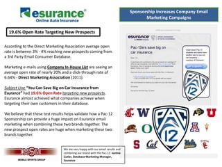 Sponsorship Increases Company Email
                                                                                       Marketing Campaigns

  19.6% Open Rate Targeting New Prospects

According to the Direct Marketing Association average open
rate is between 3% - 4% reaching new prospects coming from
a 3rd Party Email Consumer Database.

Marketing e-mails using Company In-House List are seeing an
average open rate of nearly 20% and a click-through rate of
6.64% - Direct Marketing Association (2011).

Subject Line “You Can Save Big on Car Insurance from
Esurance” had 19.6% Open Rate targeting new prospects.
Esurance almost achieved what companies achieve when
targeting their own customers in their database.

We believe that these test results helps validate how a Pac-12
Sponsorship can provide a huge impact on Esurance email
marketing when combining these two brands together. The
new prospect open rates are huge when marketing these two
brands together.


                                 We are very happy with our email results and
                                 combining our brand with the Pac-12. Justine
                                 Cutler, Database Marketing Manager,
                                 Esurance
 