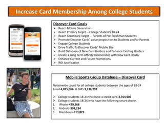 Increase Card Membership Among College Students
            Discover Card Goals
               Reach Mobile Generation
               Reach Primary Target -- College Students 18-24
               Reach Secondary Target -- Parents of Pre-Freshman Students
               Promote Discover Cards’ value proposition to Students and/or Parents
               Engage College Students
               Drive Traffic To Discover Cards’ Mobile Site
               Build Database of New Card Holders and Enhance Existing Holders
               Create a Long Term Affinity Relationship with New Card Holder
               Enhance Current and Future Promotions
               ROI Justification



                     Mobile Sports Group Database – Discover Card
            Nationwide count for all college students between the ages of 18-24
            Email 4,825,066 & SMS 3,136,292.

             College students 18-24 that have a credit card-3,764,907
             College students 18-24 who have the following smart phone.
            1. iPhone-479,568
            2. Android-308,294
            3. Blackberry-513,823
 